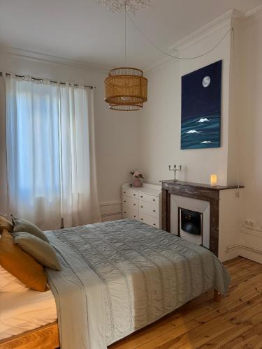 une chambre avec un lit et une cheminée dans l'établissement Le Nid Papin - Haussmanien de standing, à Saint-Étienne