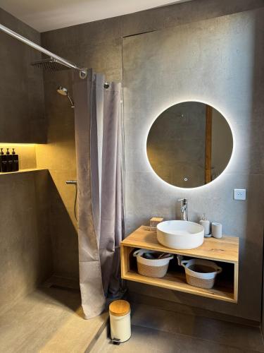 une salle de bain avec un lavabo et un miroir dans l'établissement Le Nid Papin - Haussmanien de standing, à Saint-Étienne