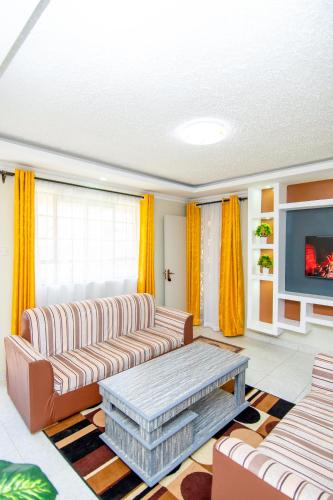 a living room with two couches and a tv at Blink comfort suite- Rhino in Ngong