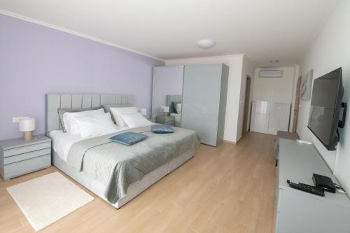 a white bedroom with a bed and a television at Villa Angela in Šmrika