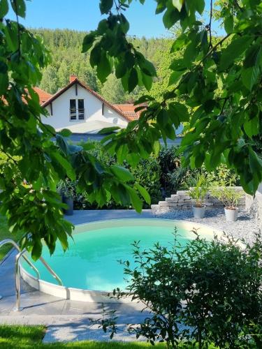 a house with a swimming pool in a yard at Superior - Ferienhaus am Engelsbach mit Garten und Pool in Engelsbach