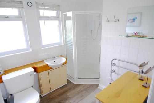 a bathroom with a sink and a toilet and a shower at Chalet Bonair Spacious comfortable 2 Bedroom Chalet sleeping 4 Dartmouth in Dartmouth