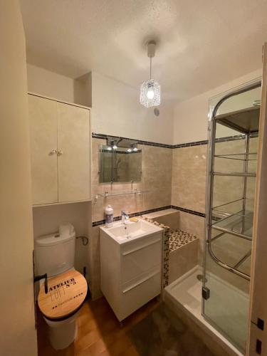 une salle de bain avec toilettes, lavabo et douche dans l'établissement Appart-St Cyr sur Mer-La Madrague-4pers-Parking, à Saint-Cyr-sur-Mer