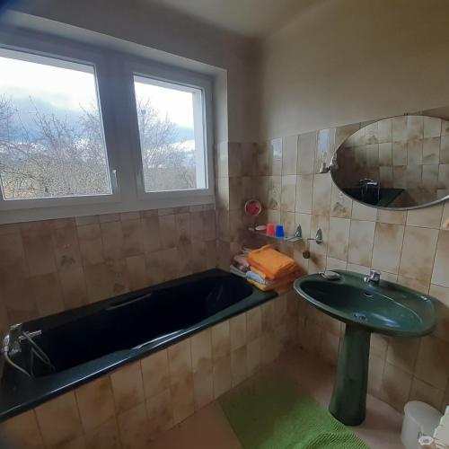 une salle de bain avec une baignoire, un lavabo et un miroir dans l'établissement Le Camp Du Tustal, à Saint-Julien-de-Lampon