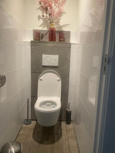 a bathroom with a toilet with a vase on top of it at Guesthouse ML in Hillegom