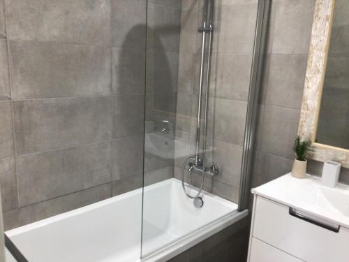 a bathroom with a shower and a tub and a sink at Aivados in Porto Covo