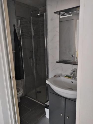 une salle de bain avec douche et lavabo dans l'établissement DOUARNENEZ Centre ville, à Douarnenez