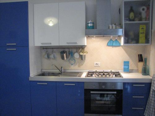 una cucina con armadi blu e lavandino di Blulatte a Valledoria