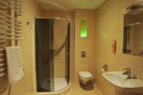 a bathroom with a shower and a toilet and a sink at Hotel Rycerski in Czeladź