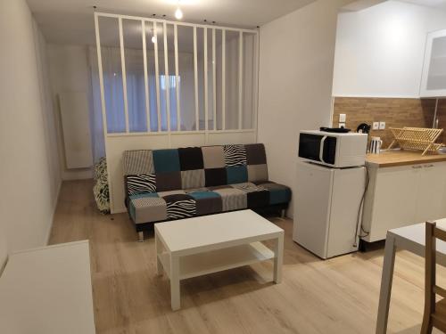 un salon avec un canapé et une cuisine dans l'établissement Charmant appartement T1 bis, à Nantes