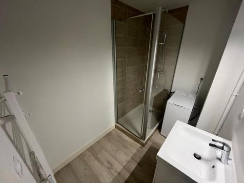 une salle de bain avec une douche, un lavabo et des toilettes dans l'établissement Appartement vue océan, à Saint-Jean-de-Monts