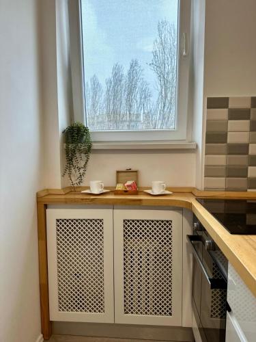 a kitchen with a window and two cups on a counter at 2Rooms Apartment Universitate-Old Town in Bucharest
