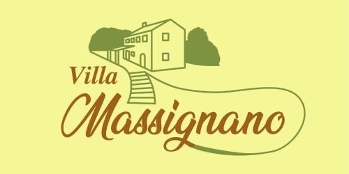 a vector illustration of a villa maszinho with a staircase and the words at Villa Massignano in Gualdo di Macerata