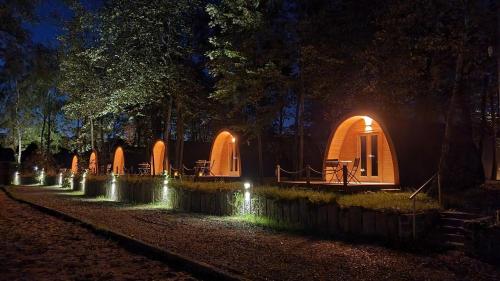 a lit up cabin in the woods at night at 26 Premium Camping Pod "Föhr" in Silberstedt