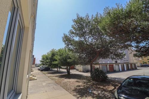 a street with trees and a car parked next to a building at Apartamento da Vagueira in Praia da Vagueira