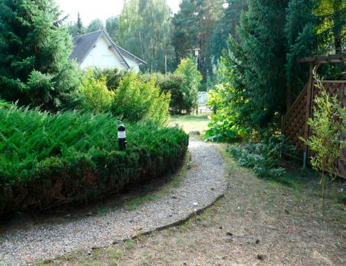 a garden with a bird bottle in the bushes at Ferienhaushälfte Fleesensee in Silz