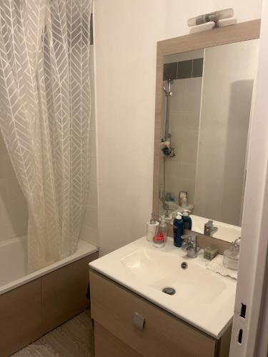 une salle de bain avec un lavabo, un miroir et une douche dans l'établissement 3 room sauna apartment, à Saint-Jean-de-Braye