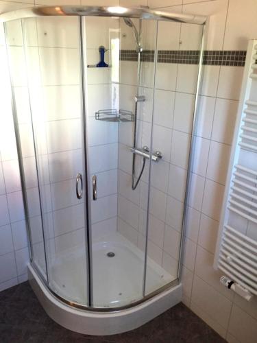 a shower with a glass door in a bathroom at Ferienhaus zwischen den Seen in Funfseen