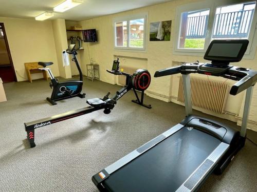 a gym with two exercise bikes and a treadmill at The Originals City, Hôtel Rey du Mont Sion, Saint-Julien-en-Genevois Sud in Saint-Blaise