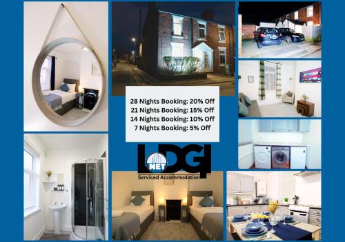 a collage of pictures of a living room and a bedroom at Town Centre House with parking, Wi-Fi in Stafford