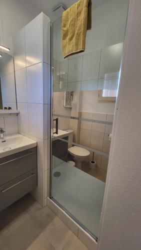 une salle de bain avec une douche en verre et des toilettes dans l'établissement STUDIO LES NAIADES 2 avec une place parking privée incluse climatisation wifi grande terrasse Idéal pour cure thermale, à Balaruc-les-Bains