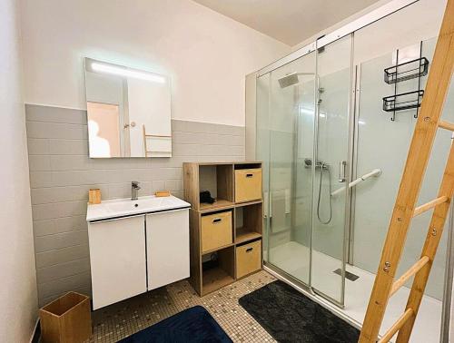 une salle de bain avec un lavabo et une douche dans l'établissement Chez Pascal, à Saint-Julien-en-Genevois