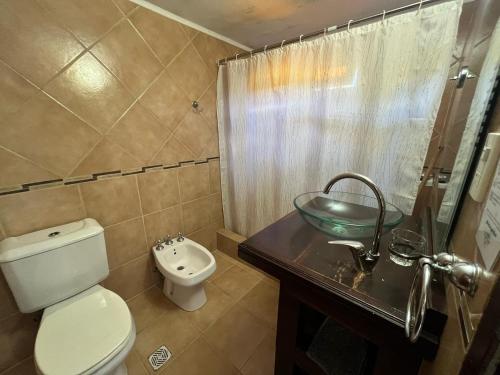 a bathroom with a toilet and a sink and a shower at Complejo un Mundo Aparte in Mar de Ajó