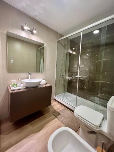 a bathroom with a sink and a shower and a toilet at Dorrego 1781 in Buenos Aires