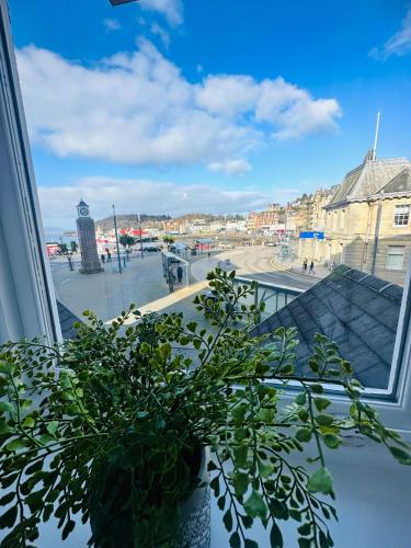 a potted plant on a window sill with a view of a city at Kilmartin Court Apartments - No3 By The Sea & No2 With A View - free parking in Oban