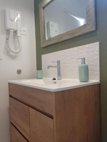 une salle de bain avec un lavabo et un miroir dans l'établissement Petite maison 2 personnes à Crach avec jardin ombragé, à Crach