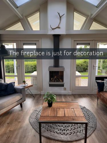 a living room with a coffee table and a fireplace at Beau34 in Kattendijke
