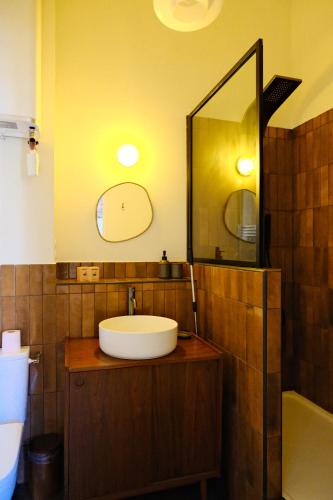 une salle de bain avec un lavabo et un miroir dans l'établissement CASA DOM ARMANDO - Climatisation & Parking, à Montpellier