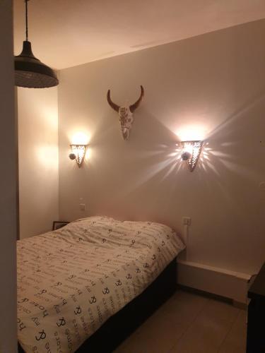 - une chambre avec un lit avec des cornes sur le mur dans l'établissement Appartement les pieds dans le Lac Léman, à Anthy