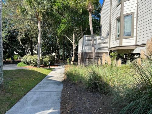 a sidewalk next to a house with palm trees at 1621 courtside in Seabrook Island