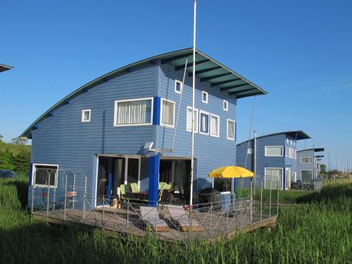 a large blue house with a dome at Ferienhaus SEABIRD by FeWo-PLAN OOST150 mit direktem Zugang ins LAUWERSMEER in Anjum