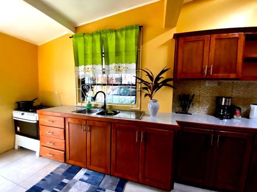 a kitchen with wooden cabinets and a sink and a window at Spacious home near city suite!! in Castries