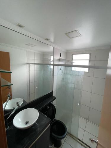 een badkamer met een wastafel en een glazen douche bij Villa Natal, cond villa das palmeiras in Jaboatao dos Guararapes