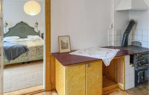 a kitchen with a counter in a room with a bed at Stunning Home In Blankaholm With Wifi in Blankaholm
