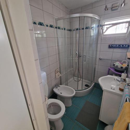 a bathroom with a shower and a toilet and a sink at RELAXED PLACE by the sea in Cesarica