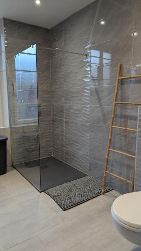 La salle de bains est pourvue d'une douche en verre avec une échelle. dans l'établissement La maison du sabotier, à Audressein