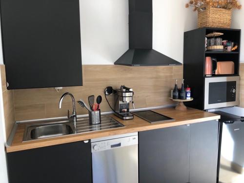 Η κουζίνα ή μικρή κουζίνα στο APPARTEMENT FACE À LA PLAGE Terrasse-Garage-Wifi-Draps et Serviettes