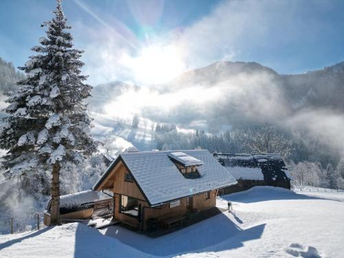 a log cabin in the snow with a christmas tree at Haus 1683 - Wolfbauer in Johnsbach