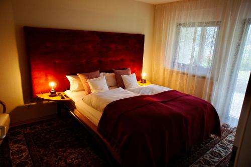 a bedroom with a large bed with a red headboard at Ferienwohnung Burg Freienstein Blick mit Sauna in Oberzent