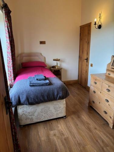a bedroom with a bed with a blue blanket and a dresser at Courtside Barn, Lynn, Newport in Newport