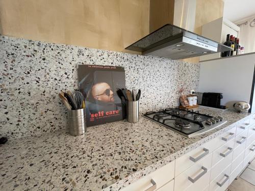a kitchen counter with a picture of a man on the wall at Clos des Oliviers in Lumio