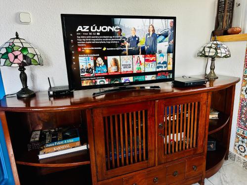a television on top of a wooden entertainment center at Apartment Happy Days Szombathely in Szombathely