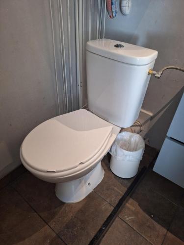a white toilet in a bathroom with a trash can at Au Cœur De Chateaubriant WIFI-Centre-Ville-RDC in Châteaubriant