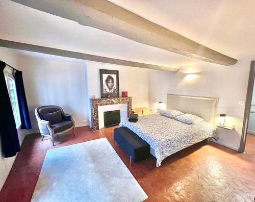 - une chambre avec un lit, une chaise et une cheminée dans l'établissement Maison Alberta, à Aix-en-Provence