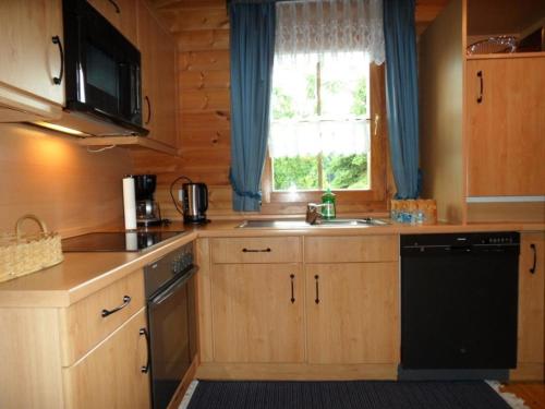 Una cocina con fregadero y lavavajillas negro. en Ferienhaus Nr 17, Typ B, Feriendorf Jägerpark, Bayerischer Wald, en Prackenbach