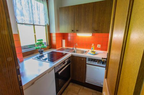 a small kitchen with a sink and a stove at Huberhof 11 by Alpenidyll Apartments in Rohrmoos